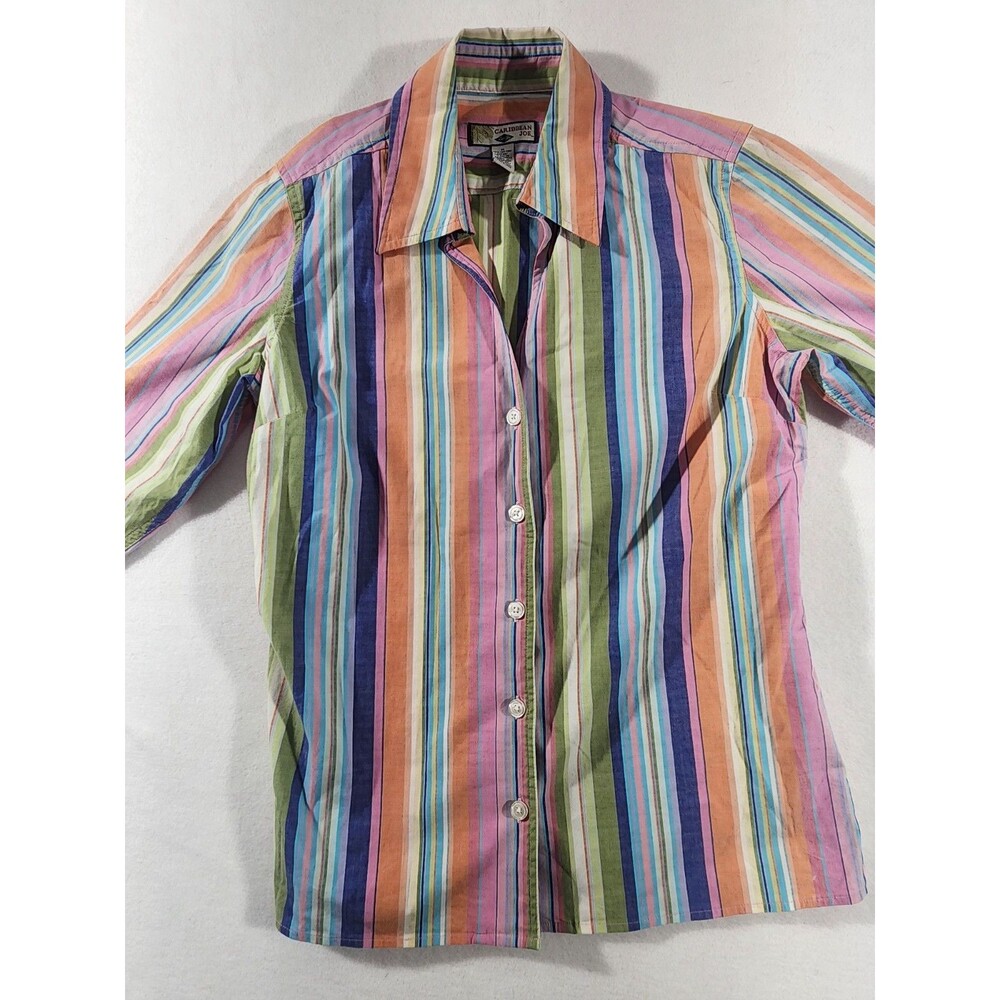Caribbean Joe Women’s Blouse Sz Medium Button Up Striped Collar Pink 3/4 sleeve